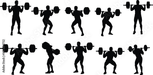 Silhouette man lifting barbell, squat exercise poses, bodybuilding workout training vector, gym fitness illustration, weightlifting sport design, muscle strength graphic