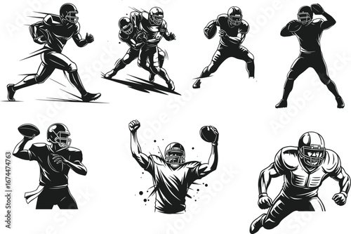 American football players in action poses, tackling, throwing, sprinting, celebrating, defensive stances, black and white vector illustration set, motion effects, stylized art
