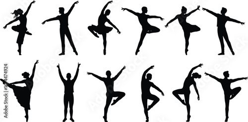 Silhouette of ballet and modern dancers performing artistic poses, graceful choreography design, elegant body movement illustration, performing arts dance posture collection