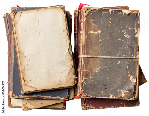 Stack of Old Ledgers with Torn Pages and Bookmark Ribbon, Top-Down Flat Lay, isolated transparent background PNG