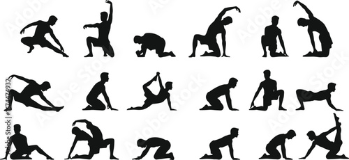 Silhouette men practicing yoga, stretching, floor exercise, fitness poses, meditation, flexibility training, strength workout, wellness, body balance, healthy lifestyle