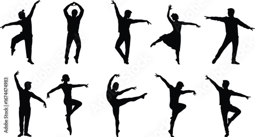 Silhouette of ballet dancers performing graceful dance poses, elegant choreography, artistic body movement, stage performance, expressive art, contemporary and classical dance illustration