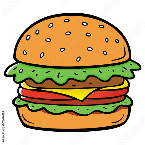 A beef cheeseburger with lettuce, tomato, and onion on a sesame bun with fries on a white background