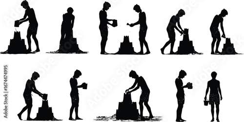 Silhouette of boy building sandcastle, beach summer activity, child vacation fun, seaside playtime, holiday leisure, kids enjoying sand art, vector design
