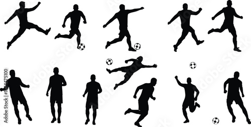 Silhouette of football players performing dynamic action poses with soccer ball, professional athlete movements, sports training, competitive match illustration design collection