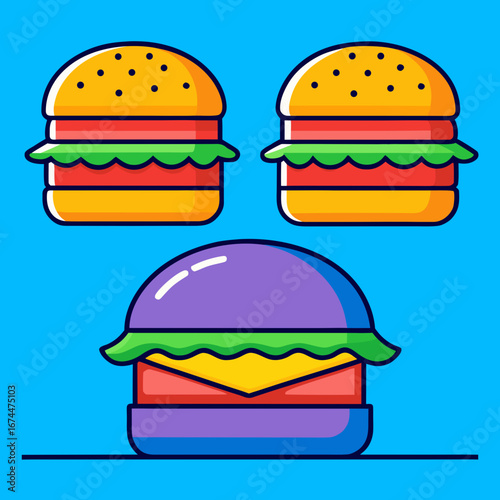 A colorful vector illustration of a tasty hamburger with cheese, lettuce, and tomato on a sesame seed bun, perfect for a fast-food icon