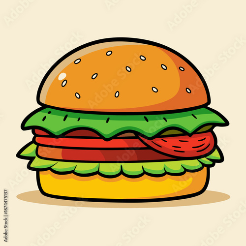 A classic beef cheeseburger with sesame seed bun, fresh lettuce, and tomato, isolated on a clean white background