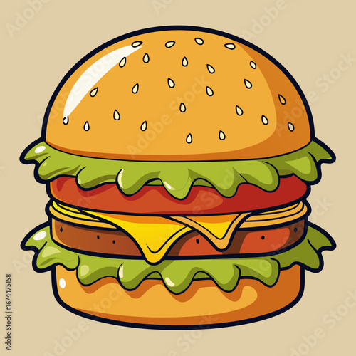 Isolated fast food hamburger with beef patty, cheese, lettuce, and tomato on a sesame seed bun