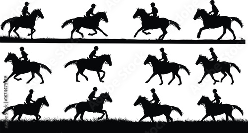 Silhouette of horse riders galloping, horseback riding sequence illustration, equestrian sport training, animal motion collection, black vector design on white background