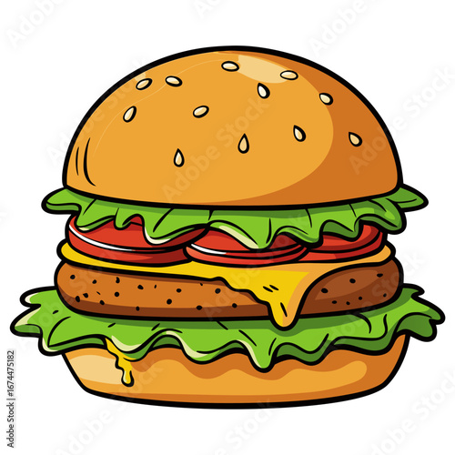 A juicy cheeseburger with fresh lettuce, tomato, and onion on a sesame bun, isolated on a white background