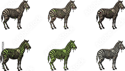 Green Zebra Evolution Illustration Showing Camouflage Transition, Wildlife Mutation Concept, Abstract Animal Pattern, Nature Adaptation, Genetic Variation, Environmental Change Vector