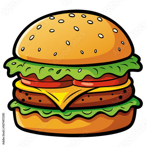 A juicy cheeseburger with fresh lettuce, tomato, and grilled beef on a sesame bun, isolated on a white background