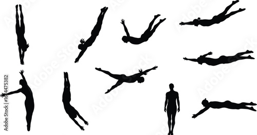 Silhouette of man diving into water, different body positions in jump, swimming athlete action, freedom, sport, summer, dynamic motion illustration