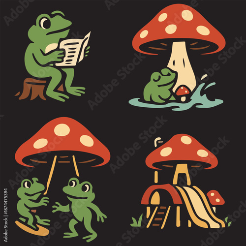 Playful Frog and Mushroom Playground Cartoon Bundle,Cute Reading, Swing & Slide Toadstool Set