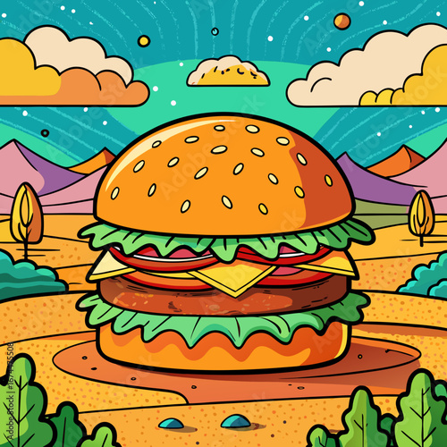 A mouthwatering beef cheeseburger with fresh lettuce, tomato, and onion on a sesame seed bun
