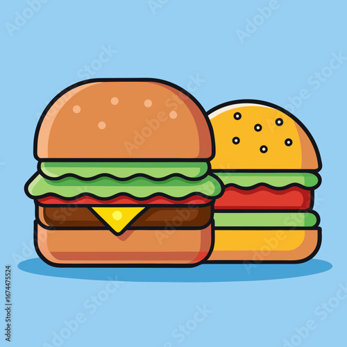 A grilled beef cheeseburger with sesame seed buns, fresh lettuce, and tomato on a white background