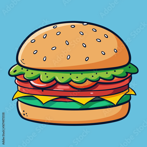 An isolated beef cheeseburger with sesame seed buns, fresh lettuce, and tomato on a white background
