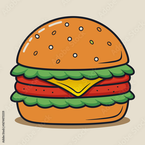 Juicy beef cheeseburger with lettuce, tomato, and onion on a sesame bun, isolated on a white background