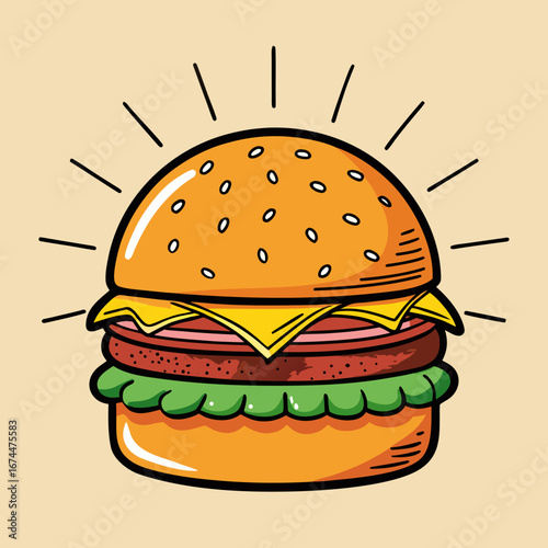 A colorful vector illustration of a tasty hamburger with cheese, lettuce, and meat on a sesame seed bun, ready for a delicious fast food meal