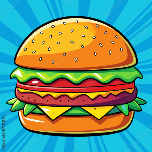 A tasty cheeseburger with beef patty, lettuce, and tomato on a sesame bun, isolated on a white background