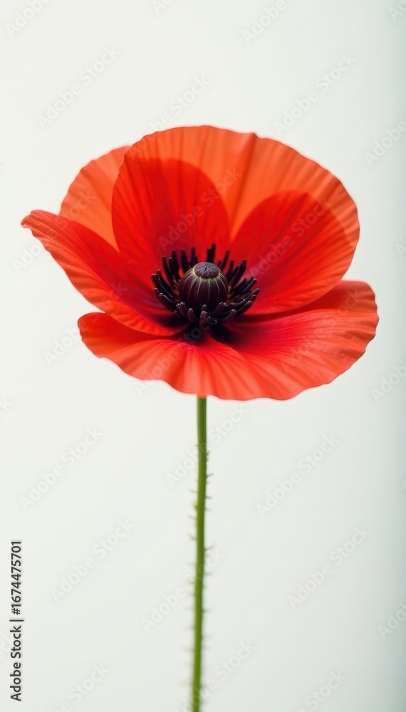 Fototapeta premium A vibrant, single red poppy flower, petals fully open, against a pure white background , bright, stock photo