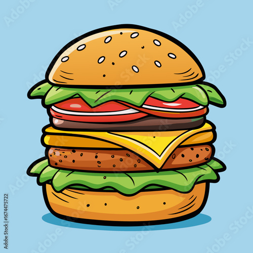 A grilled beef cheeseburger with tomato, lettuce, and cheese on a sesame bun is isolated on a white background