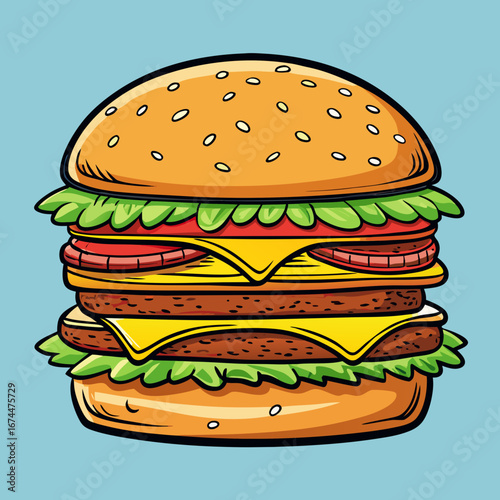 A juicy cheeseburger with fresh lettuce, tomato, and onion on a sesame bun, isolated on a white background