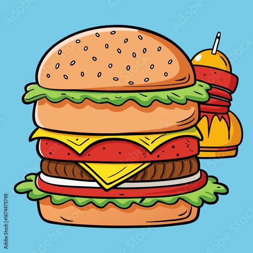A classic beef cheeseburger with lettuce, tomato, and onion on a sesame bun, isolated on a white background