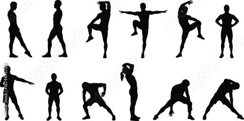 Silhouette of people doing fitness workout poses, stretching exercise collection, body training movement illustration, gym sport activity, black vector on white background