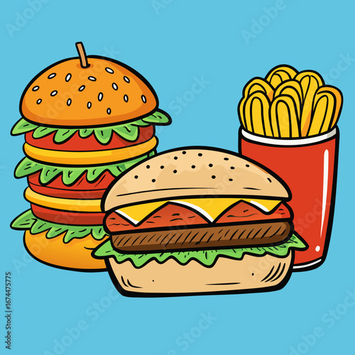 A tasty cheeseburger with beef, fresh lettuce, and tomato on a sesame bun with a side of golden fries is a classic fast-food meal