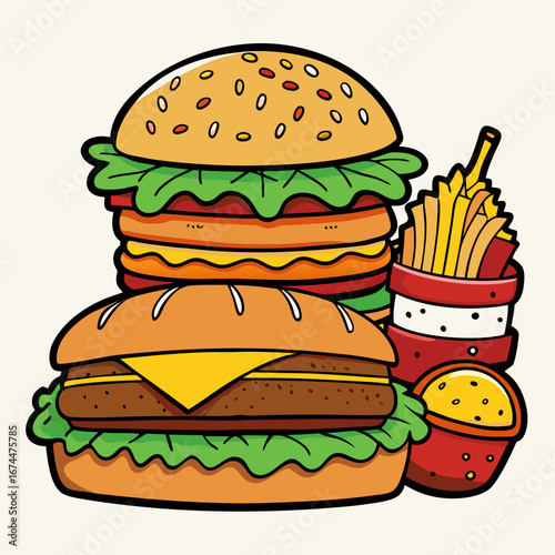 A fast food vector illustration of a tasty cheeseburger and french fries on a white background