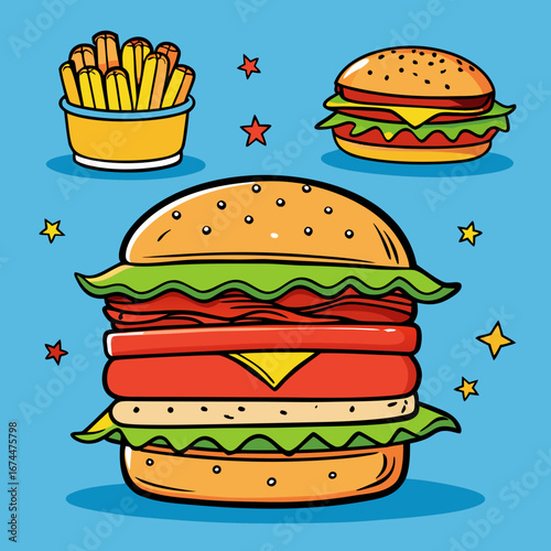 Delicious vector illustration of a classic cheeseburger with all the toppings, served alongside golden fries on an isolated white background