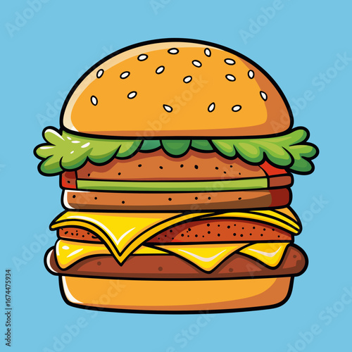 A classic beef cheeseburger with sesame seed bun, fresh lettuce, and tomato, isolated on a clean white background
