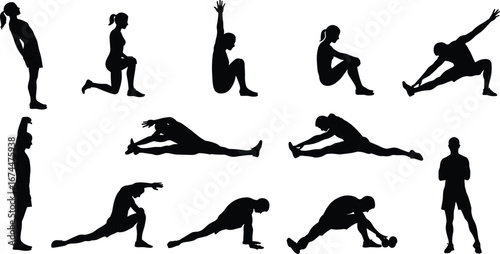 Silhouette of people stretching exercises, yoga fitness poses, workout training collection, body flexibility activity, sport health illustration, black vector on white background
