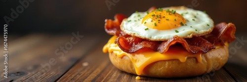 Crunchy bagel topped with smoky bacon, gooey cheese, and a fluffy egg, cheese, bagel, delicious sandwich