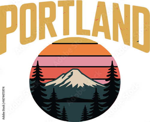 Portland retro sunset mountain forest landscape graphic design Oregon sunrise