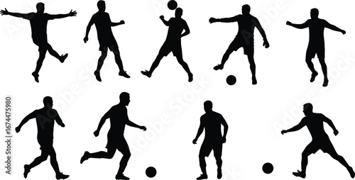 Silhouette of soccer players practicing football skills, action poses, dribbling, kicking ball, training illustration, sports teamwork, fitness movement, athletic competition design