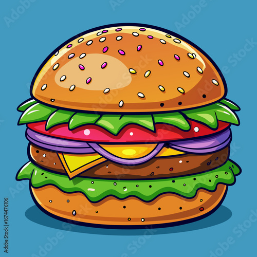 A mouth-watering beef cheeseburger with lettuce, tomato, and onion on a sesame seed bun, isolated on a white background