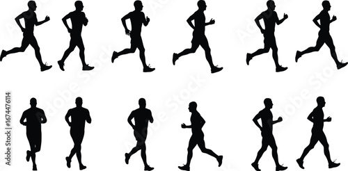 Silhouette of running man, jogging exercise, fitness activity, athlete training, marathon runner, health lifestyle, sport workout, outdoor movement illustration