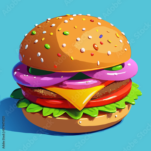 A classic cheeseburger with beef patty, cheese, lettuce, and tomato on a sesame seed bun isolated on a white background
