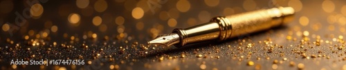 Elegant fountain pen rests on shimmering gold backdrop , pen and ink, classic pen