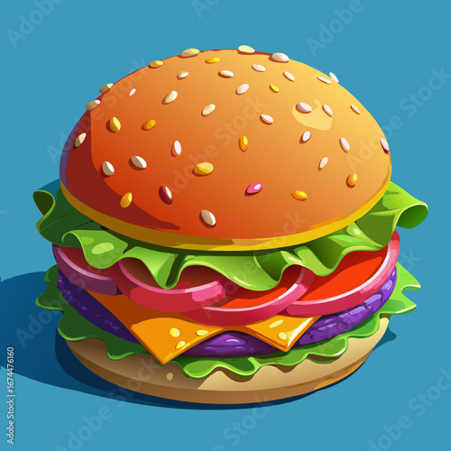 Delicious cheeseburger with grilled beef, lettuce, and tomato on a sesame bun, isolated on a white background