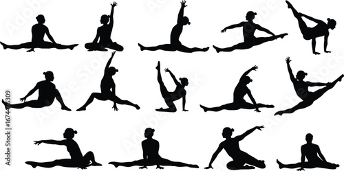 Silhouette of women practicing yoga poses, flexibility stretching exercise, meditation balance training, healthy lifestyle fitness, peaceful relaxation, strength, wellness and harmony
