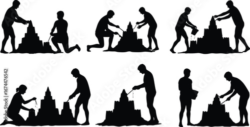 Silhouette people building sandcastle on beach, teamwork creativity leisure activity, summer holiday fun, children and adults playing together, family bonding