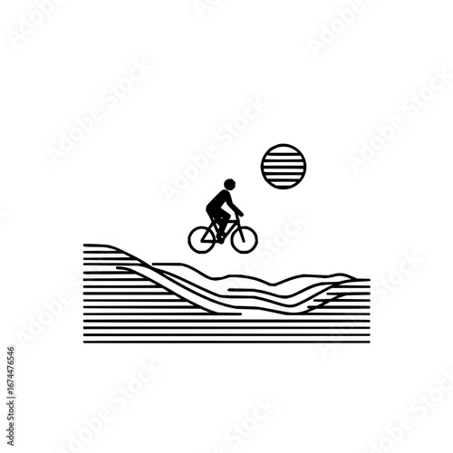 Minimalist cycling adventure illustration with sun and landscape for outdoor activity enthusiasts design 100