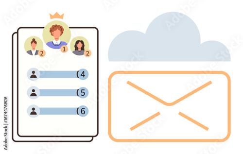 Contact list interface with ranking, profile avatars, and cloud email connection. Ideal for organization, communication, collaboration, productivity, networking hierarchy teamwork. Simple flat