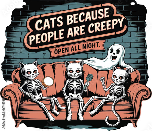 Three skeleton cats and a ghost sitting on a couch with a sign saying Open All Night cat skeleton music