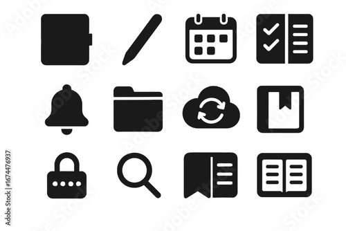 Bell grid password bookmark pen calendar icon vector notebook stylus minimalist cloud