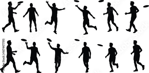 Silhouette people playing frisbee outdoors, summer leisure activity, fitness exercise fun, active lifestyle game, teamwork recreation, throwing catching disc sport