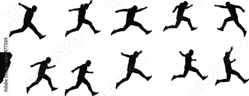 Silhouette sequence of man jumping from cliff, extreme adventure action, risk challenge concept, outdoor freedom leap, movement sport, success activity